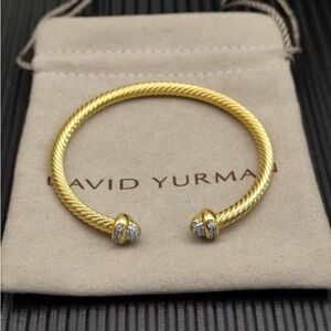 David Yurman Gold Cable Open Cuff with Pavé End Caps
